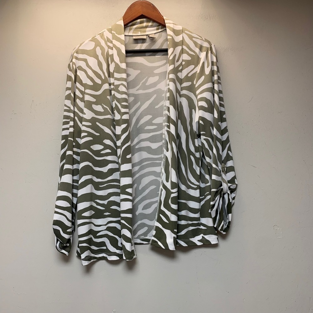 Chico's Easywear Cardigan Womens 3 Olive Green White Zebra Print Excellent Layer